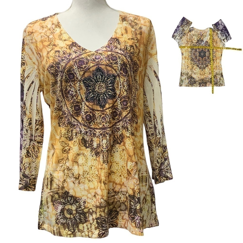 Kiara Top V Neck Embellished 3/4 Sleeve Tee Yellow Purple Marigold Boho Large